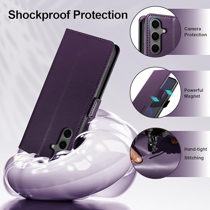 Wallet Flip Case for Samsung Galaxy S24 FE 5G - [RFID Blocking] Luxury PU Leather Card Holder Magnetic Phone Cover with Kickstand,Shockproof Protective Case,Purple