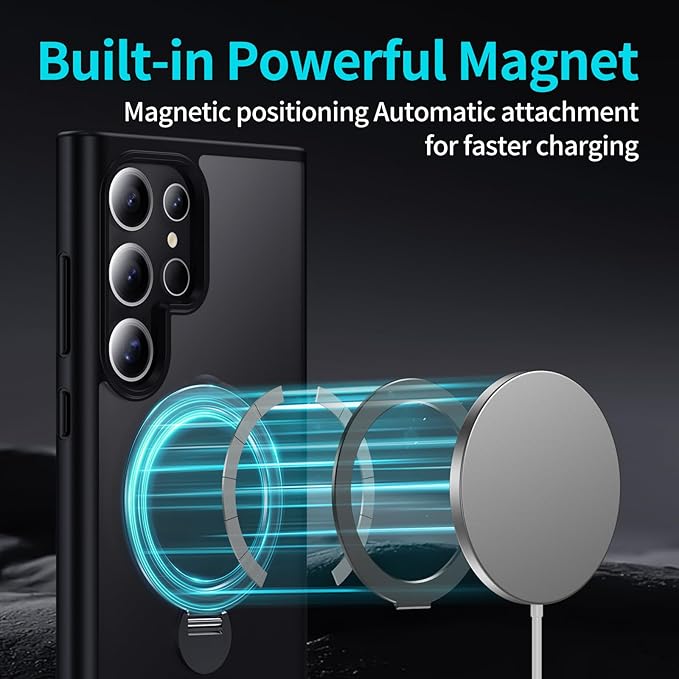 for Samsung Galaxy S24 Ultra Case,Compatible with Magsafe [Wireless Charging],with 360°Rotatable Magnetic Ring Stand,Matte Translucent Slim Soft Edge Phone Kickstand,Black