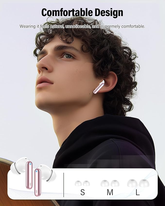Wireless Earbuds, Bluetooth 5.4 Headphones Bass Stereo, Ear Buds with Noise Cancelling Mic, IP7 Waterproof in Ear Earphones, 36H LED Display Bluetooth Earbuds for Laptop Pad Phones Sports, Rose Gold