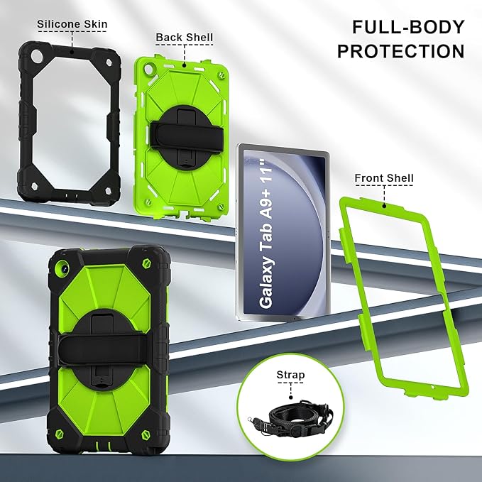 Case for Samsung Galaxy Tab A9+ 11 Inch 2023 (X210/X216/X218), Heavy Duty Shockproof Rugged 360 Rotating Hand Strap Protective Case for Galaxy Tab A9 Plus Tablet,Black+Olivine