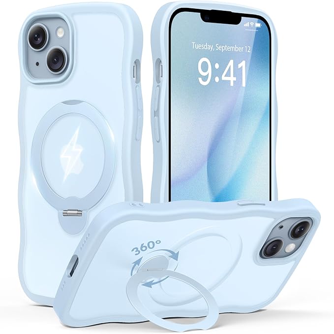 for iPhone 13 Case & iPhone 14 Case for Women,[Compatible with Magsafe][360° Spin Magnetic Stand][Cute Wave Edge][Military-Grade Protection]Translucent Matte Phone case for iPhone 13/14, Baby Blue