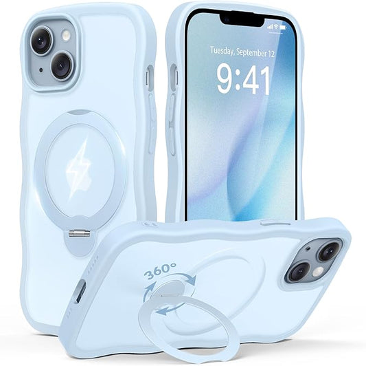 for iPhone 13 Case & iPhone 14 Case for Women,[Compatible with Magsafe][360° Spin Magnetic Stand][Cute Wave Edge][Military-Grade Protection]Translucent Matte Phone case for iPhone 13/14, Baby Blue