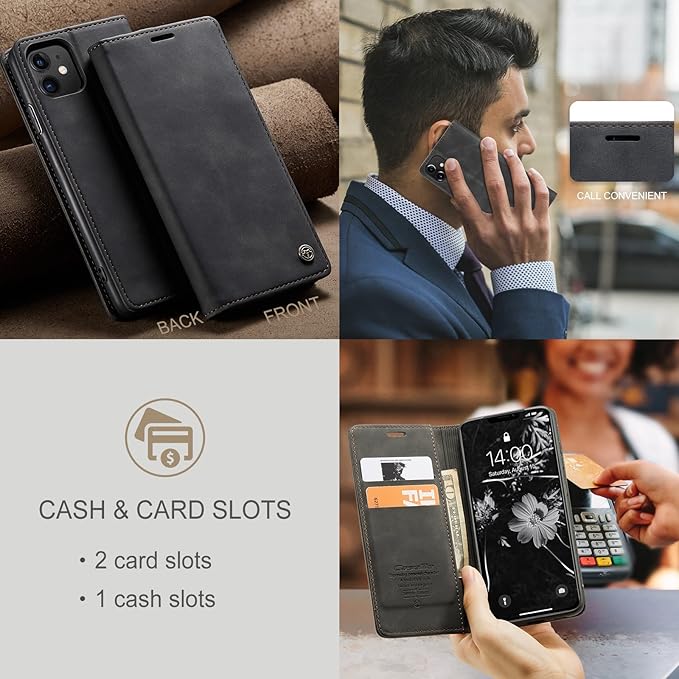 for iPhone 11 6.1-Inch Case, Flip Wallet Leather Case with Card Holder Magnetic Closure Shockproof Kickstand Protective Phone Cases Cover for iPhone 11, Black