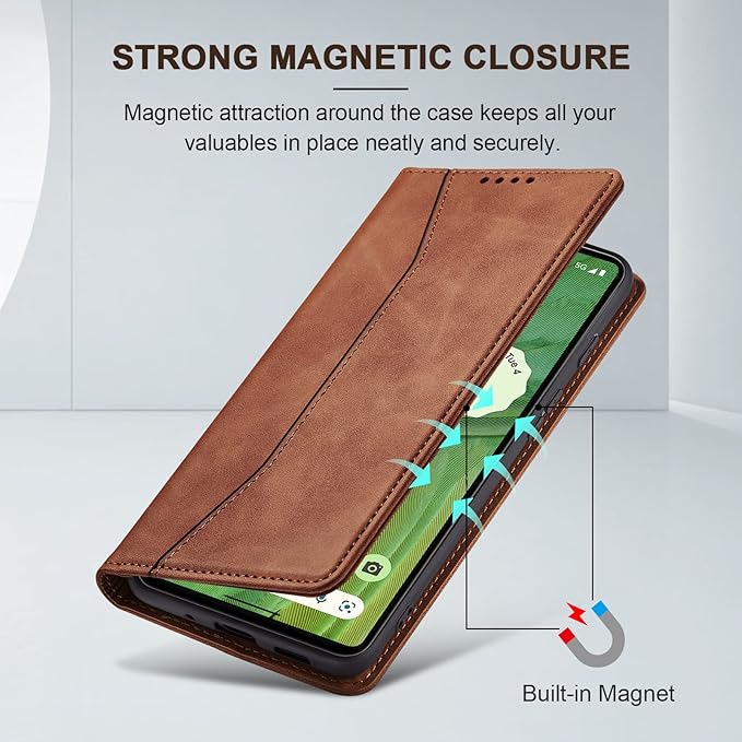 Jasonyu Flip Wallet Case for Google Pixel 7 5G,Leather Magnetic Folio Cover with Card Holder,Kickstand - TPU Shockproof Durable Protective Phone Case,Brown