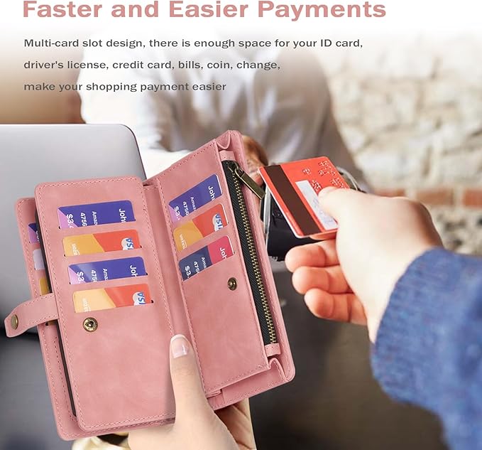 TwoHead for Samsung Galaxy S24 Wallet Case with Card Holder, Detachable Magnetic Phone Case for S24,PU Leather All-Round Protective Phone Case Wallet with Wrist Strap,Pink