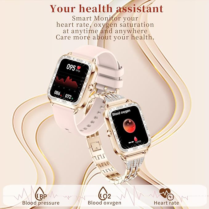 GADIXY Smart Watches for Women Diamonds(Answer/Make Call),1.29''HD Touch Screen Women Smart Watch Android,Fitness Tracker with HR/SPO2/Sleep Monitor,3 Strap (Diamond Rosegold)