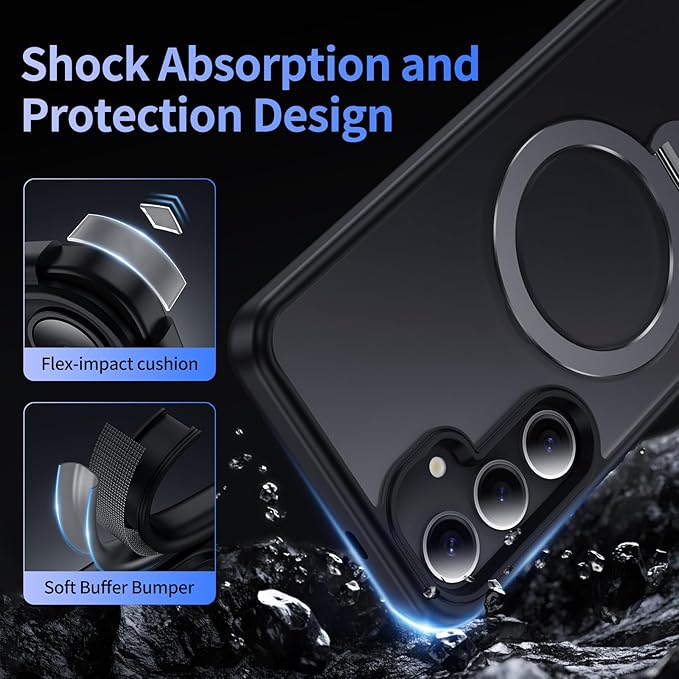 for Samsung Galaxy S25+ Plus Case,Compatible with Magsafe [Wireless Charging],with 360°Rotatable Magnetic Ring Stand Matte Translucent Slim Soft Edge Phone Kickstand,Black