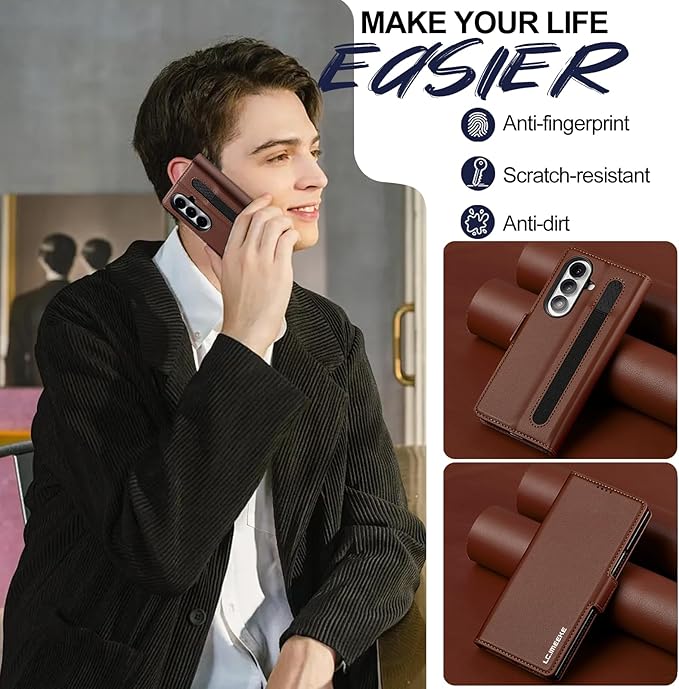HXY Wallet Case for Samsung Galaxy Z Fold 7 with S Pen Holder, PU Leather Magnetic Flip Case for Men Women with Card Holder Kickstand Shockproof Protection Case for Galaxy Z Fold 7 2025 (Brown)