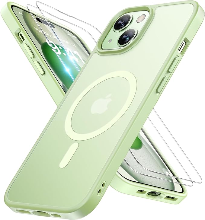 Miracase Magnetic for iPhone 15 Plus Case 6.7 inch (Compatible with MagSafe)（with 2X Screen Protectors） Military-Grade Protection, Anti-Fingerprint Translucent Matte Phone Cover, Light Green