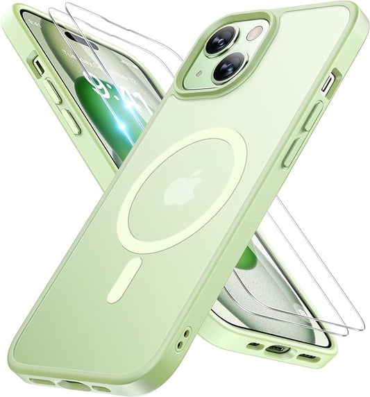 Miracase Magnetic for iPhone 15 Plus Case 6.7 inch (Compatible with MagSafe)（with 2X Screen Protectors） Military-Grade Protection, Anti-Fingerprint Translucent Matte Phone Cover, Light Green