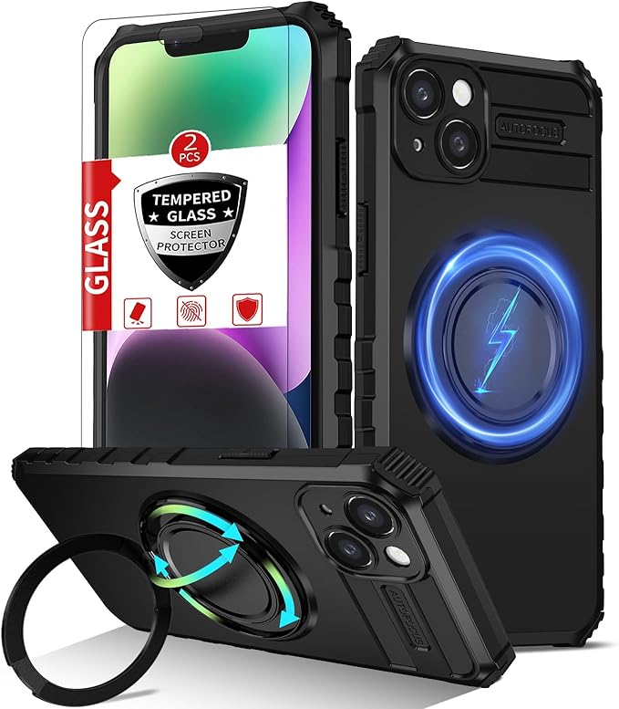 for iPhone 14 Case Compatible with MagSafe Magnetic,with 2 Tempered Glass Screen Protectors,Built-in 360°Kickstand Ring,Military Grade Drop Shockproof Heavy Duty Protection Phone Bumper Black