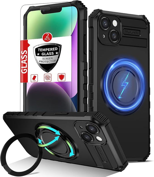 for iPhone 14 Plus Case Magnetic Compatible with MagSafe,with 2 Screen Protectors,Built-in Camera Cover+Kickstand Ring,Military Grade Drop Shockproof Heavy Duty Protection Phone Bumper Black