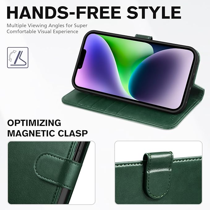 TUCCH Case Wallet for iPhone 14 6.1", Protective [TPU Shockproof Inner Shell], PU Leather [RFID Blocking] [4 Card Holder] Magnetic Stand Cover Compatible with iPhone 14 6.1" 2022, Midnight Green