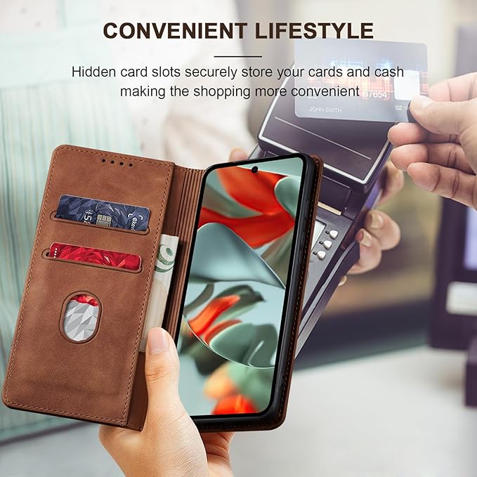 Jasonyu Flip Wallet Case for Google Pixel 9 Pro XL,Leather Magnetic Folio Cover with Card Holder,Kickstand - TPU Shockproof Durable Protective Phone Case,Brown