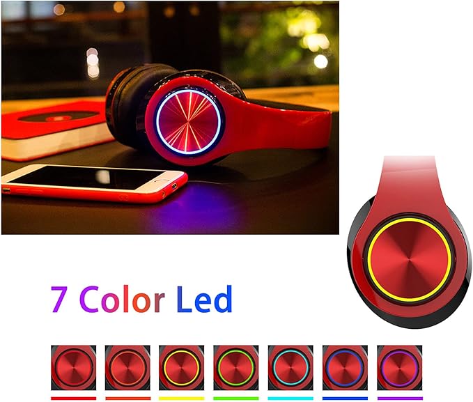 Bluetooth Over Ear Headphones, Colorful LED Lights Deep Bass Headphones with Microphone, Lightweight Wired and Wireless Foldable HiFi Stereo Headphones for Classroom/Home Office/Mobile Phone (Red)