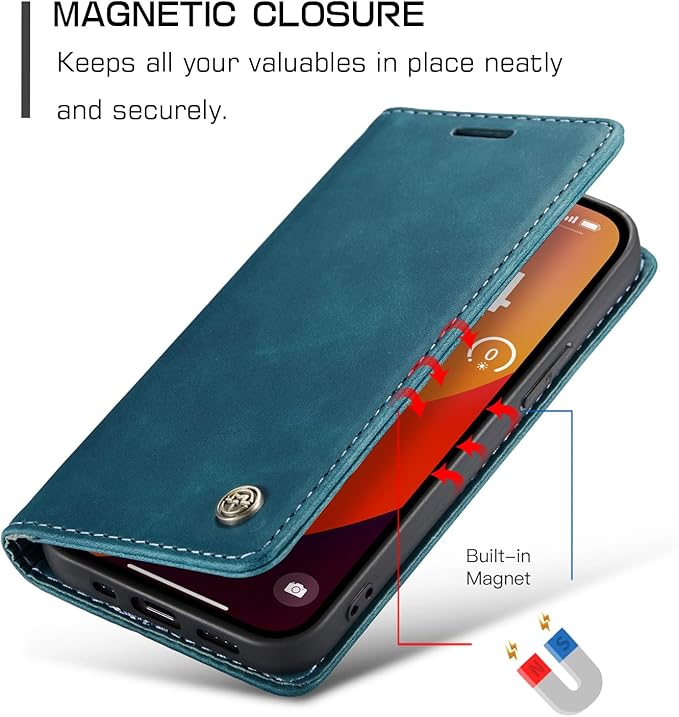 for iPhone 15 Pro Max Case, Flip Wallet Leather Case with Card Holder Magnetic Closure Shockproof Kickstand Protective Phone Cases Cover for iPhone 15 Pro Max, Blue-Green