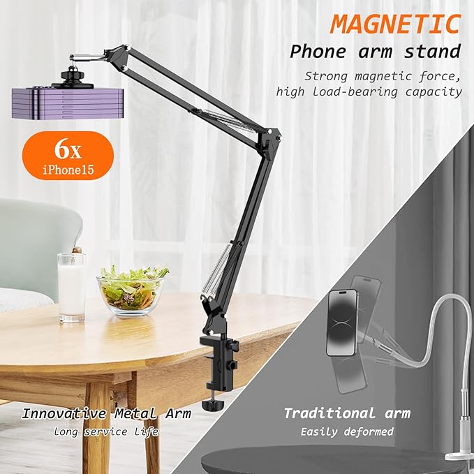 VRIG Magnetic Phone Holder Mount for Desk,MagSafe Flexible Overhead Phone Mount Stand,360° Free Adjustable Long Arm Cell Phone Stand for Desk/Bed for iPhone and More/Android,Magnetic Ring Included