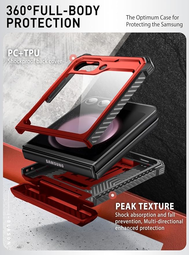 i-Blason for Samsung Galaxy Z Flip 7 FE Case, Z Flip6 Case with Stand, [Built-in Screen Protector] [Hinge Protection] [Belt-Clip], Military Phone Case for Samsung Z Flip 7 FE/6/5, Armorbox, Red