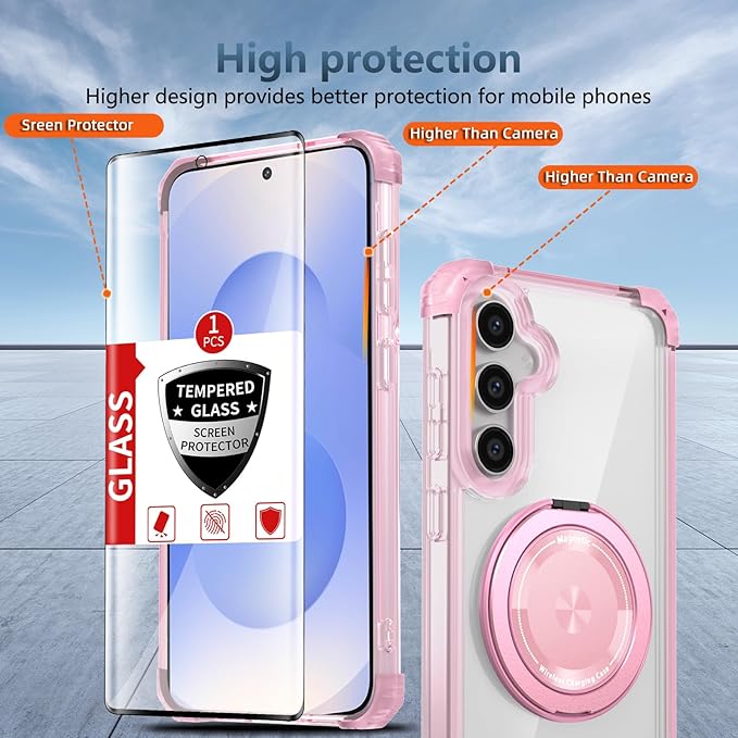 Magnetic for Samsung Galaxy S25 Case Compatible with MagSafe Wireless Charging,with Screen Protector,S25 Phone Case Built-in 360° Kickstand Ring,Shockproof Military Grade Drop Protection Pink