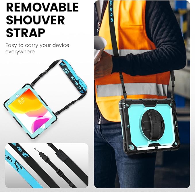 Timecity Case for iPad 9th/ 8th/ 7th Generation 10.2 inch - Heavy Duty Protective Cover with Screen Protector, Rotating Stand, Shoulder Strap & Pencil Holder | Kids-Friendly (Blue)