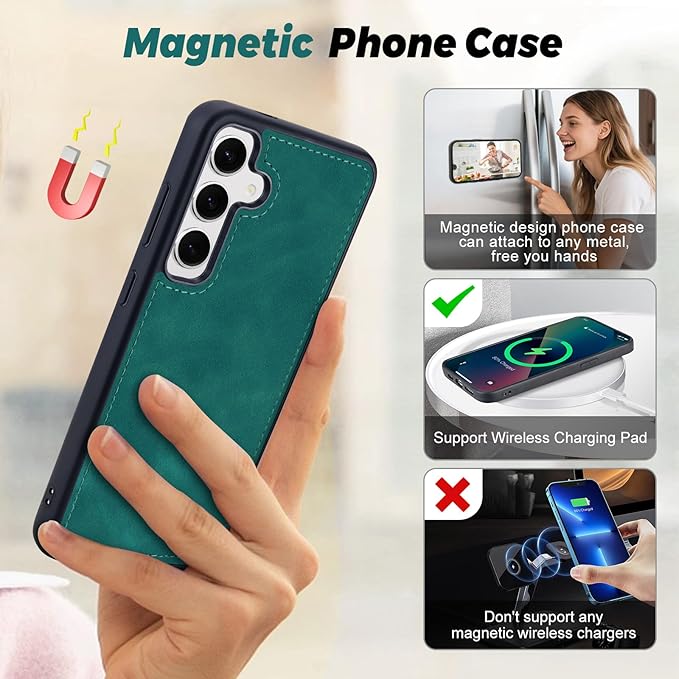 TwoHead for Samsung Galaxy S24 Wallet Case with Card Holder,Detachable Magnetic Phone Case for Galaxy S24,PU Leather Shockproof Protective Phone Cover Wallet with Wrist Strap(6.1 in,Green)