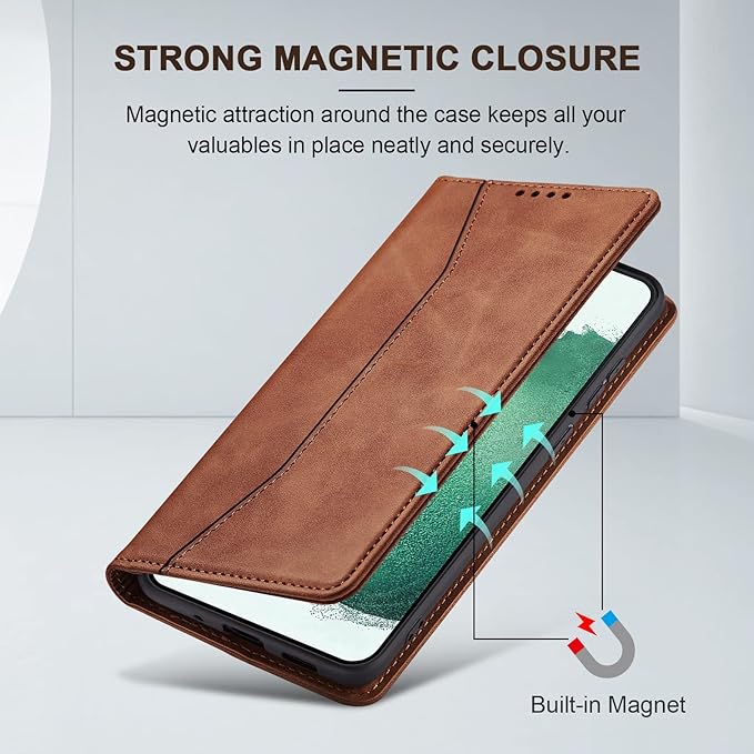 Jasonyu Flip Wallet Case for Samsung Galaxy S22 5G,Leather Magnetic Folio Cover with Card Holder,Kickstand - TPU Shockproof Durable Protective Phone Case,Brown