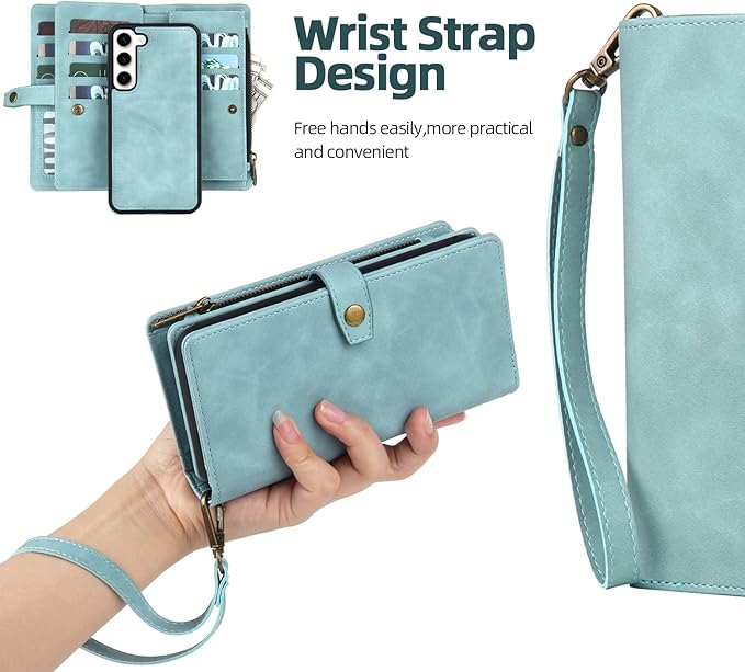 TwoHead for Samsung Galaxy S23 Wallet Case with Card Holder & Detachable Magnetic Phone Case for S23 6.1 inch,PU Leather Shockproof Protective Phone Case Wallet with Wrist Strap(Dream Blue)