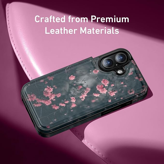 FUNMIKO for iPhone 16 Wallet Case with Card Holder, RFID-Blocking, Military-Grade Protection & UV-Printed Artwork, Magnetic Closure with Leather Kickstand - Mystic Blooming Plum