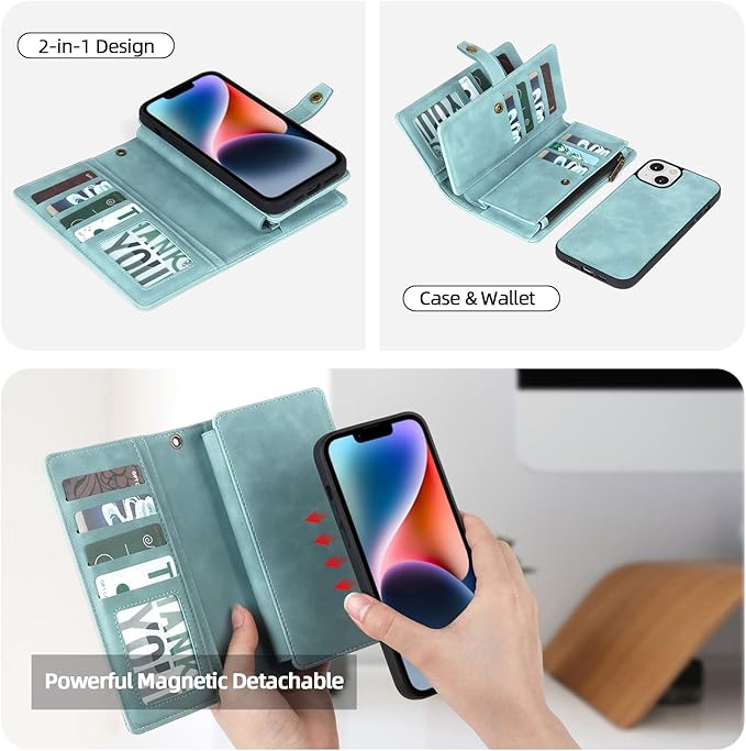TwoHead Designed for iPhone 13 Wallet Case with Card Holder,Detachable Magnetic Phone Case with Wallet PU Leather Wallet Phone Case for iPhone 13 Case Wallet for Women/Men with Wrist Strap(Blue)