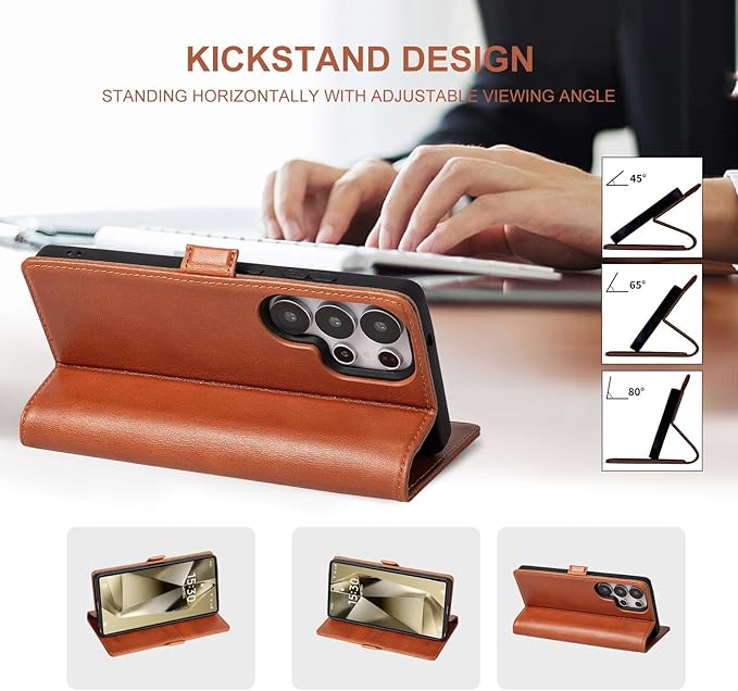 Case for Galaxy S25 Ultra 6.9"-Genuine Leather Folio Wallet Case with Kickstand RFID Blocking Card Holder Magnetic Protective Phone Cover Compatible with Galaxy S25 Ultra 2025 (Brown)