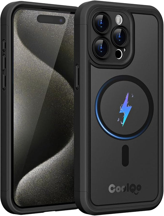 COOLQO Magnetic for iPhone 15 Pro Max Case, Compatible with MagSafe, Dual Layer Design Military Grade Protection, Translucent Matte Scratch-Resistant Back Protective Shockproof Phone Case, Black