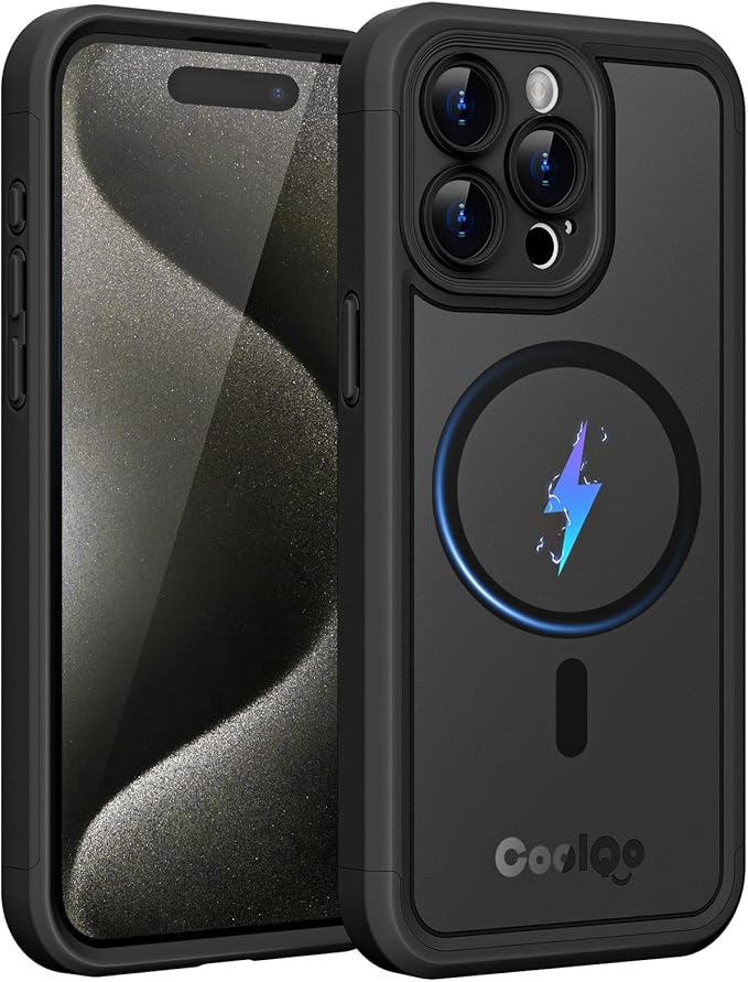COOLQO Magnetic for iPhone 15 Pro Case, Compatible with MagSafe, Dual Layer Design Military Grade Protection, Translucent Matte Scratch-Resistant Back Protective Shockproof Phone Case, Black