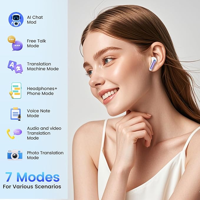AI Translation Earbuds Real Time with Audio and Video Calls, 164 Language/7 Translation Modes Translator Earbuds Bluetooth 5.4 with APP, 48H AI Ear Buds Translator Device for Business/Learning,Purple