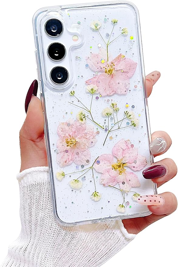 Compatible with Samsung Galaxy S25 Case Cute Pressed Dried Real Flowers Design Women Girly Shockproof Hard PC+ TPU Bumper Floral Phone Cover for Galaxy S25 (Light Pink)