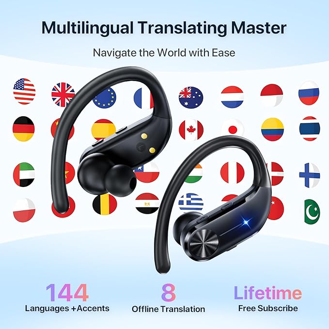 AI Translation Earbuds Real-Time : 144 Languages, Offline Mode, Noise Canceling, 60 Hours Battery - Seamless Translator Headphones for Travel Business Learning, iOS & Android Support