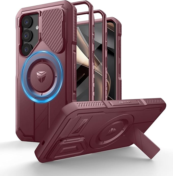Dexnor for Samsung Galaxy S25 Case with Camera Cover & Adjustable Kickstand & Built-in Screen Protector, Magnetic Rugged Shockproof Bumper Cases Heavy-Duty Magnetic Protective Cover (2025),Maroon Red
