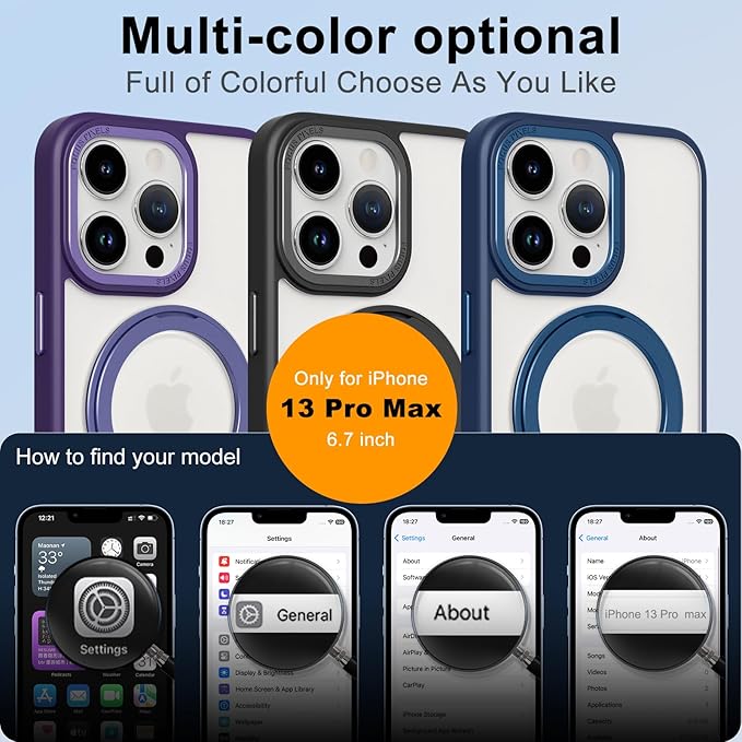 ZIYE Magnetic Case for iPhone 13 Pro Max Case with Stand [Compatible with MagSafe] Slim Shockproof Military Grade Heavy Duty Cover with 360 Rotatable Ring Kickstand for Women Men, Translucent Blue