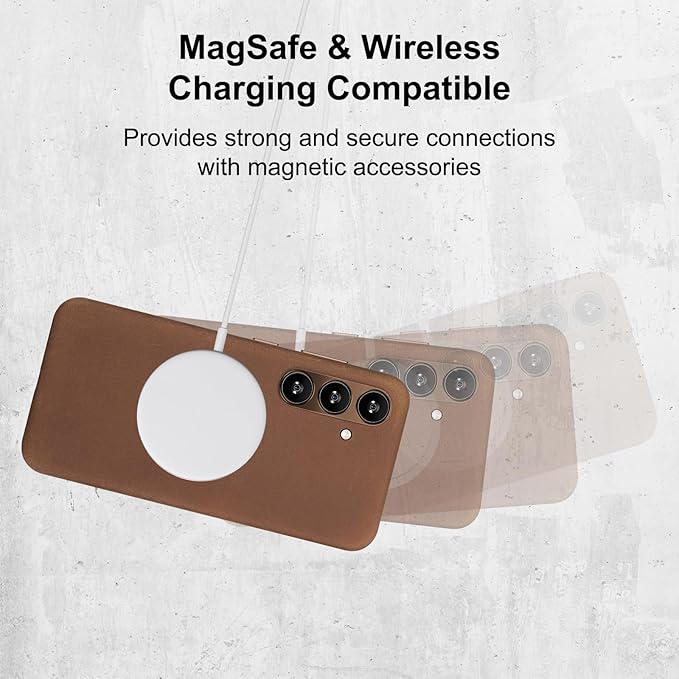 Belemay Leather Case for Samsung Galaxy S24 Compatible with Magsafe - Premium Crazy Horse Leather [Vintage Aesthetics] Unique Patina, Comfort Grip, Metal Buttons, Slim&Soft Cover (6.2") Retro Brown