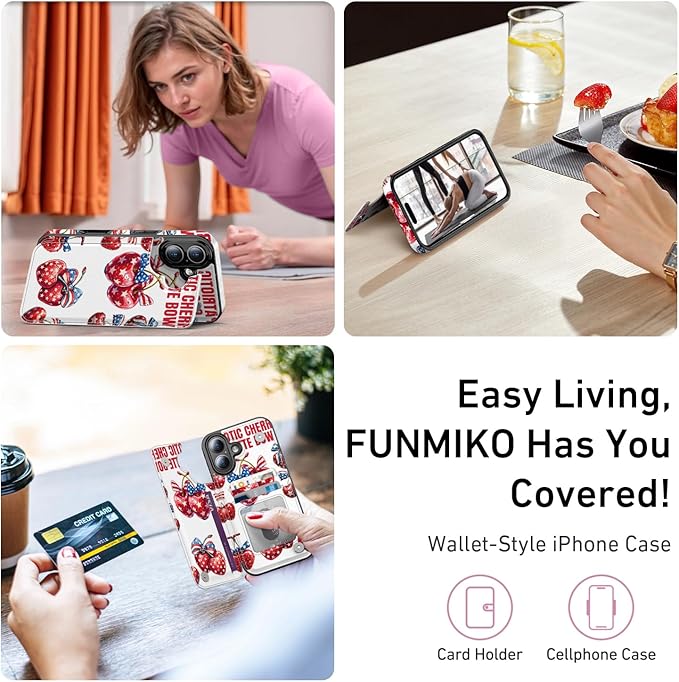 FUNMIKO for iPhone 16 Wallet Case with Card Holder, RFID-Blocking, Military-Grade Protection & UV-Printed Artwork, Magnetic Closure with Leather Kickstand - Cherries with Bow