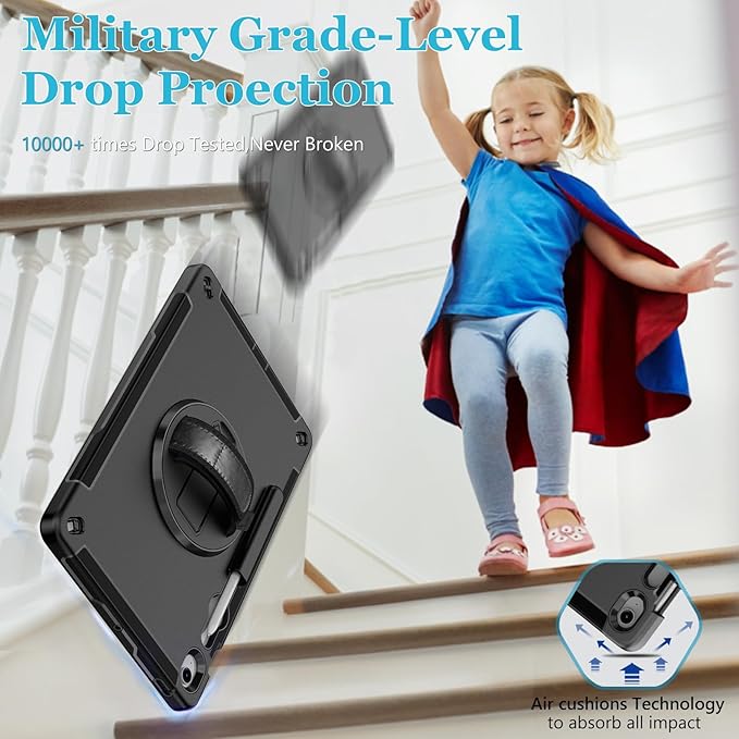 Case for Galaxy Tab S10 FE Plus 13.1" 2025: TPU Cover for Samsung Tablet S10 FE Plus/+ 13.1 Inch with Screen Protector- Stand- Handle-Shoulder Strap-S-Pen Holder-Black+Black