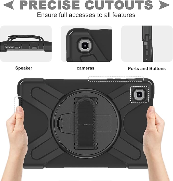 ZenRich Carrying Case for Samsung Galaxy Tab A7 Lite 2021 8.7'' SM-T220/T225/T227, Heavy Duty Rugged Full-Body Protective Case with [360 Rotating Stand] [Hand Strap][Shoulder Belt], Black