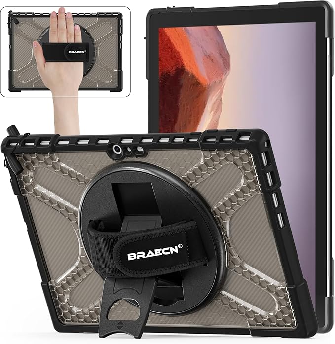 BRAECNstock for Microsoft Surface Pro 7+ Plus/ 7/6/5/4 Case 12.3 inch, Rugged Protective Cover with 360° Rotating Hand Strap & Stand, Pencil Holder, Compatible with Type Cover Keyboard, Tawny