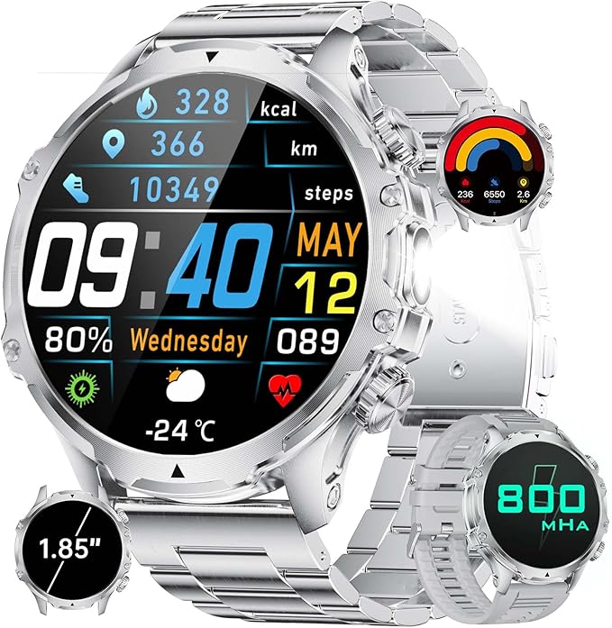 Smart Watches for Men(LED Flashlight), 1.85'' HD Large Smartwatch, 800mAh/5ATM Waterproof/Pedometer/100+ Sports Fitness Tracker Watch, Rugged Smartwatches for Men Compatible Android iPhone
