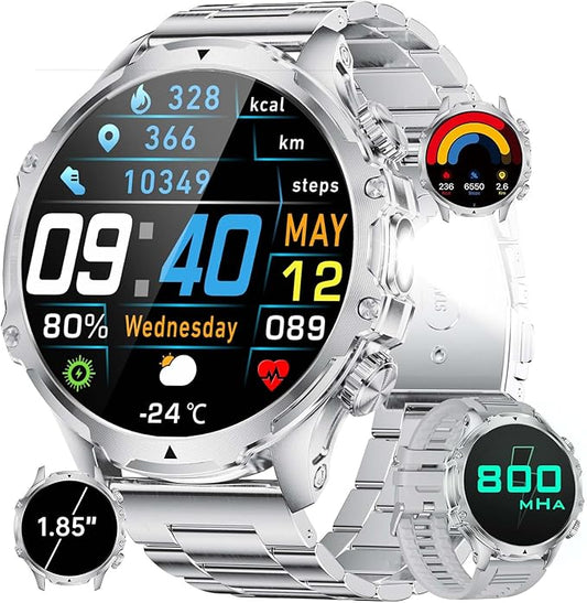 Smart Watches for Men(LED Flashlight), 1.85'' HD Large Smartwatch, 800mAh/5ATM Waterproof/Pedometer/100+ Sports Fitness Tracker Watch, Rugged Smartwatches for Men Compatible Android iPhone