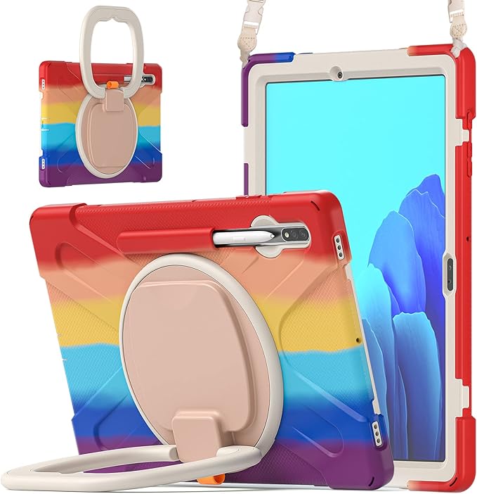 360 Rotation Portable Case for Galaxy Tab S8+/S7 FE/S7+ 12.4 Inch Case with S Pen Holder Rugged Case Rotating Stand Hand Strap Shoulder Carrying Strap Outdoor Cover (Colourful Red)