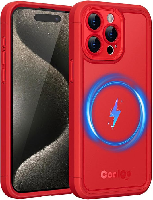 COOLQO Magnetic for iPhone 15 Pro Max Case, Compatible with MagSafe, Dual Layer Design Military Grade Protection, Translucent Matte Scratch-Resistant Back Protective Shockproof Phone Case, Red