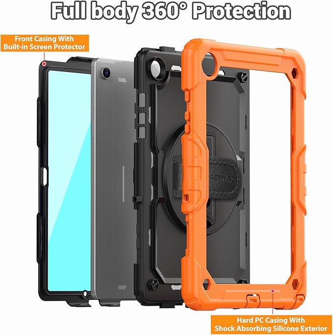 SEYMAC Case for Samsung Galaxy Tab A9+/ A9 Plus 11" (SM-X210/X216/X218), Heavy Duty Shockproof Protective Case with Screen Protector, Rotating Stand, Hand/Shoulder Strap, Orange