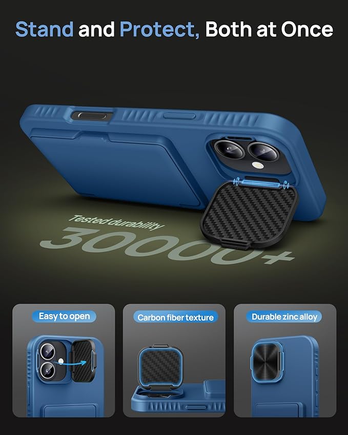 for iPhone 16 Plus Case with Card Holder, Built-in Stand & Camera Lens Cover, Shockproof Rugged Silicone Raised Edge Protective Multifunctional Wallet Phone Case for iPhone 16 Plus 2024, Blue