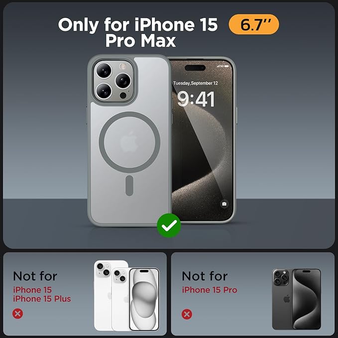 Miracase Magnetic for iPhone 15 Pro Max Case 6.7 inch (Compatible with MagSafe)（with 2X Screen Protectors） Military-Grade Protection, Anti-Fingerprint Translucent Matte Phone Cover, Gray