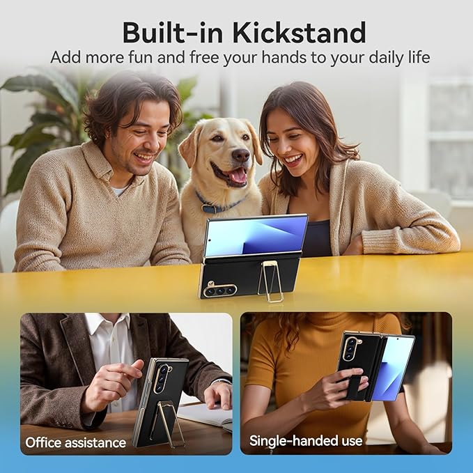 for Samsung Galaxy Z Fold 7 Case with Kickstand,【Military Grade Protection】【Hinge Protection】, Scratch Resistant Protective Phone Case for Z Fold 7 Leather Case, Black（Back Cover Version）